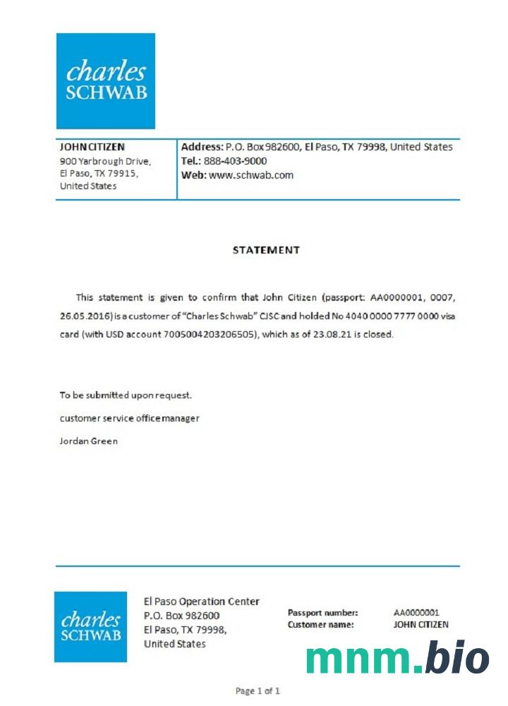 Przykład odniesienia zamknięcia USA Charles Schwab w formatach Word i PDF